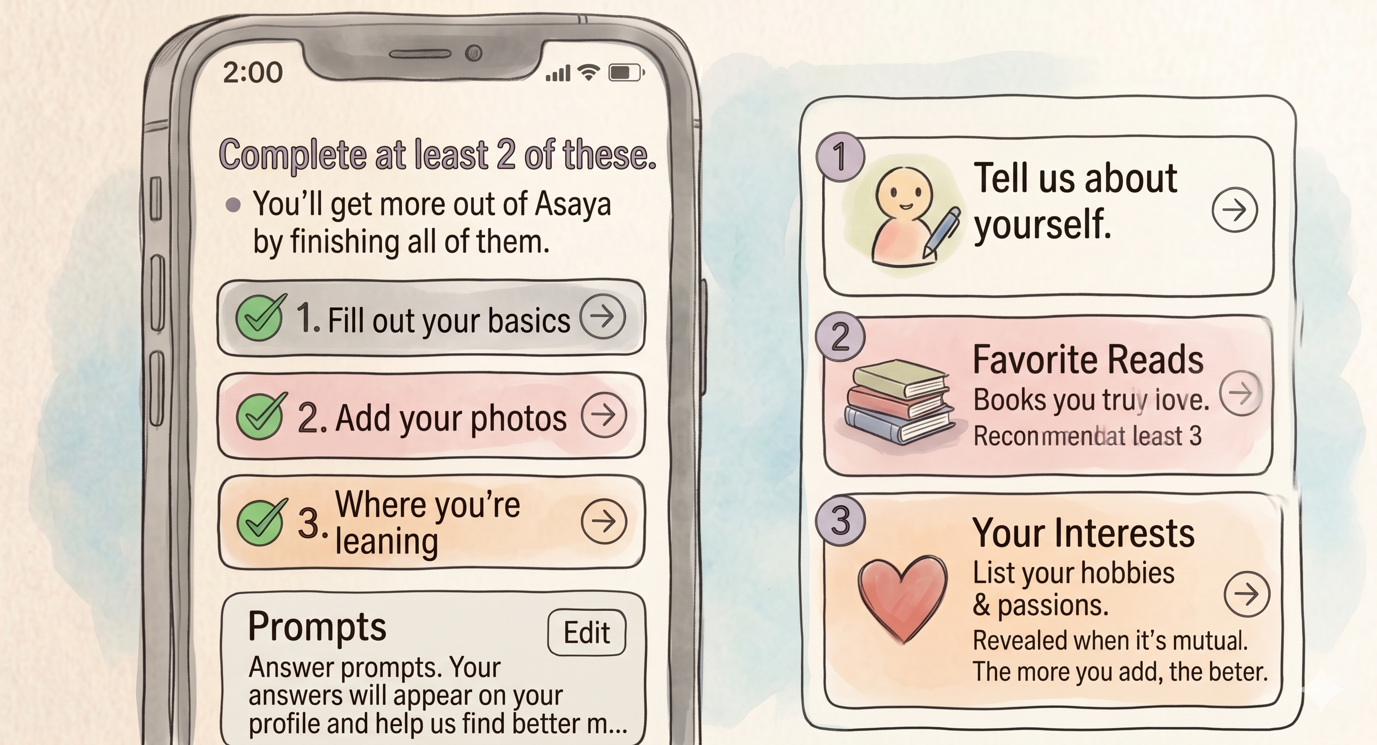 Smartphone screen displaying profile setup checklists and customizable interest options