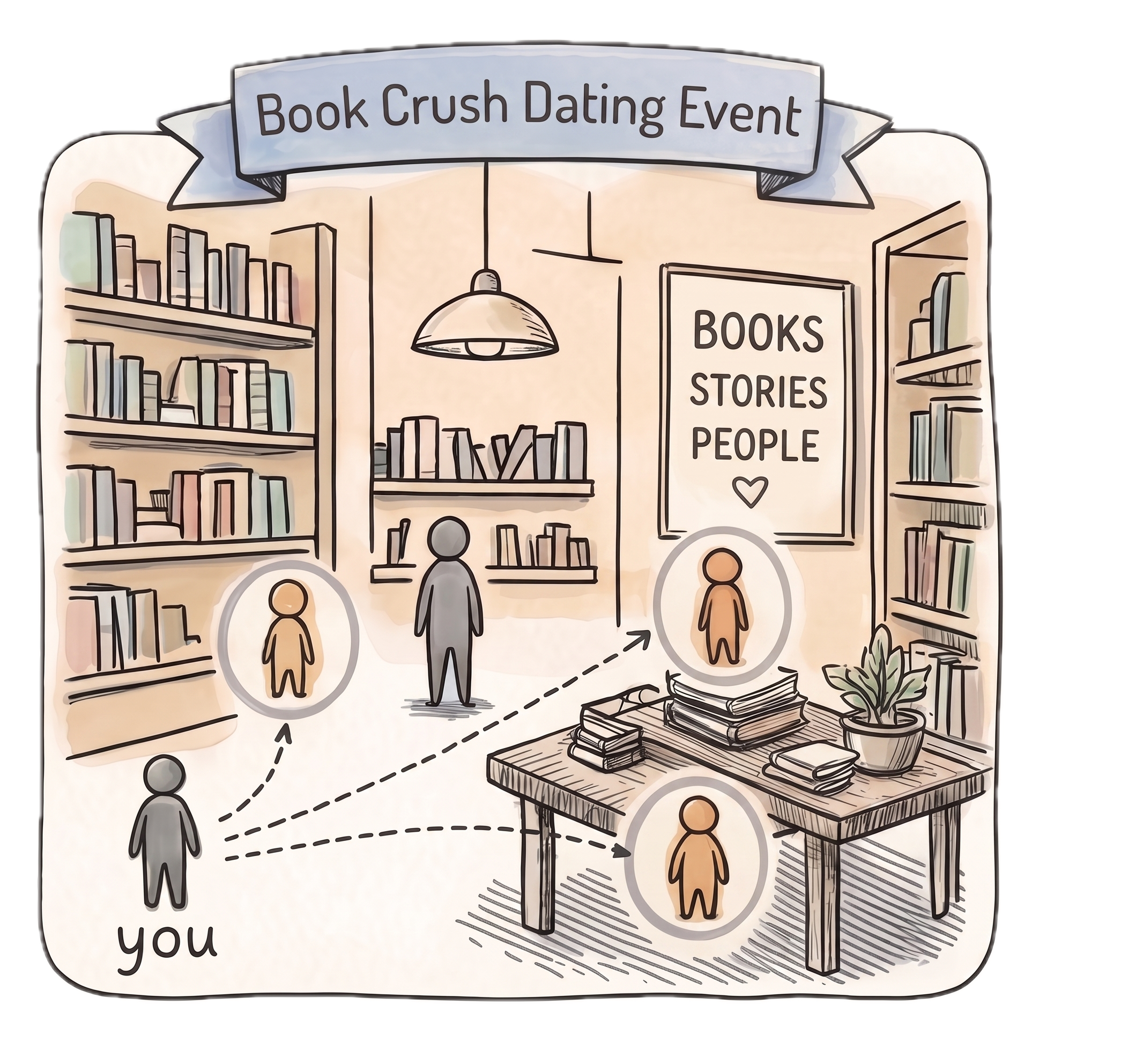 Hand-drawn watercolor style illustration of bookstore dating event called Book Crush Dating Event