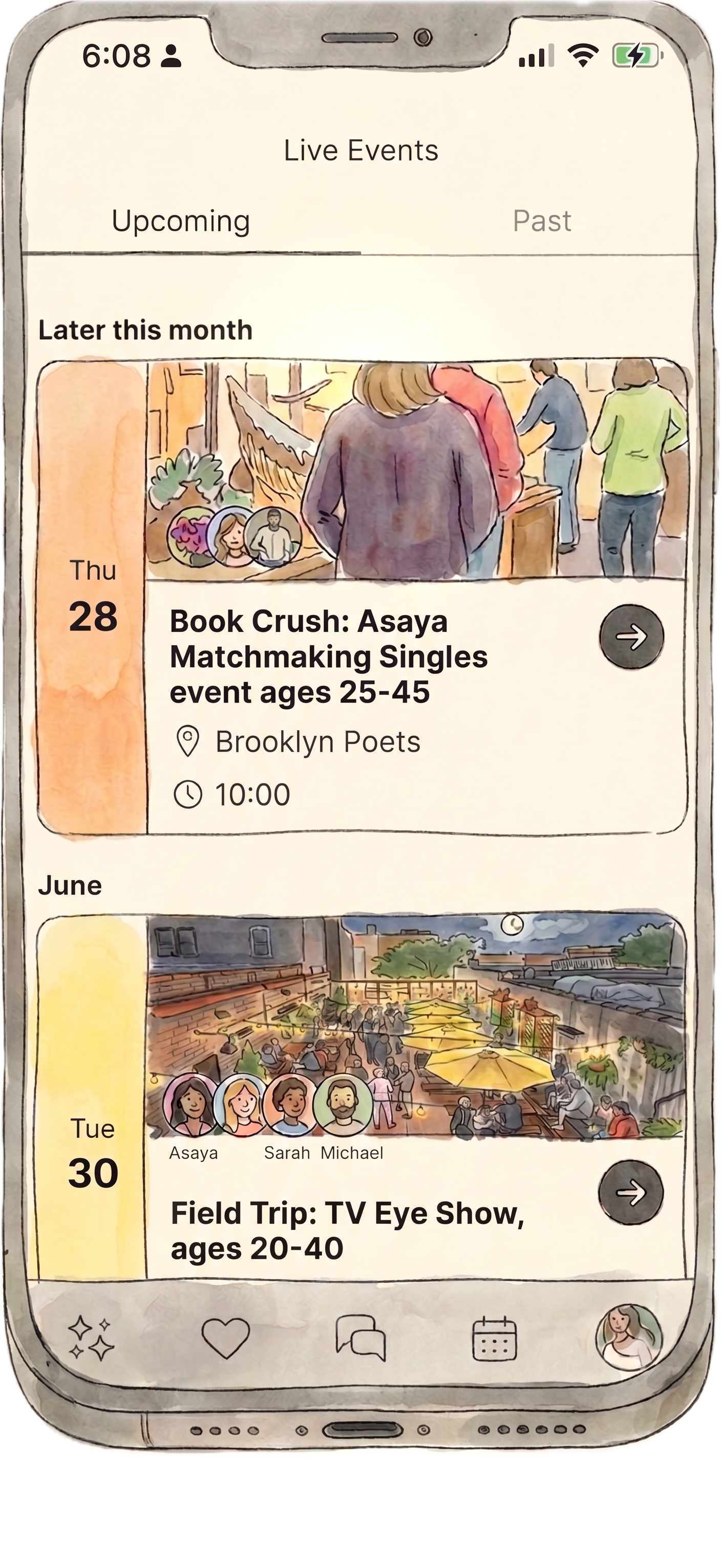 Smartphone displaying a list of upcoming live matchmaking events in Brooklyn poets