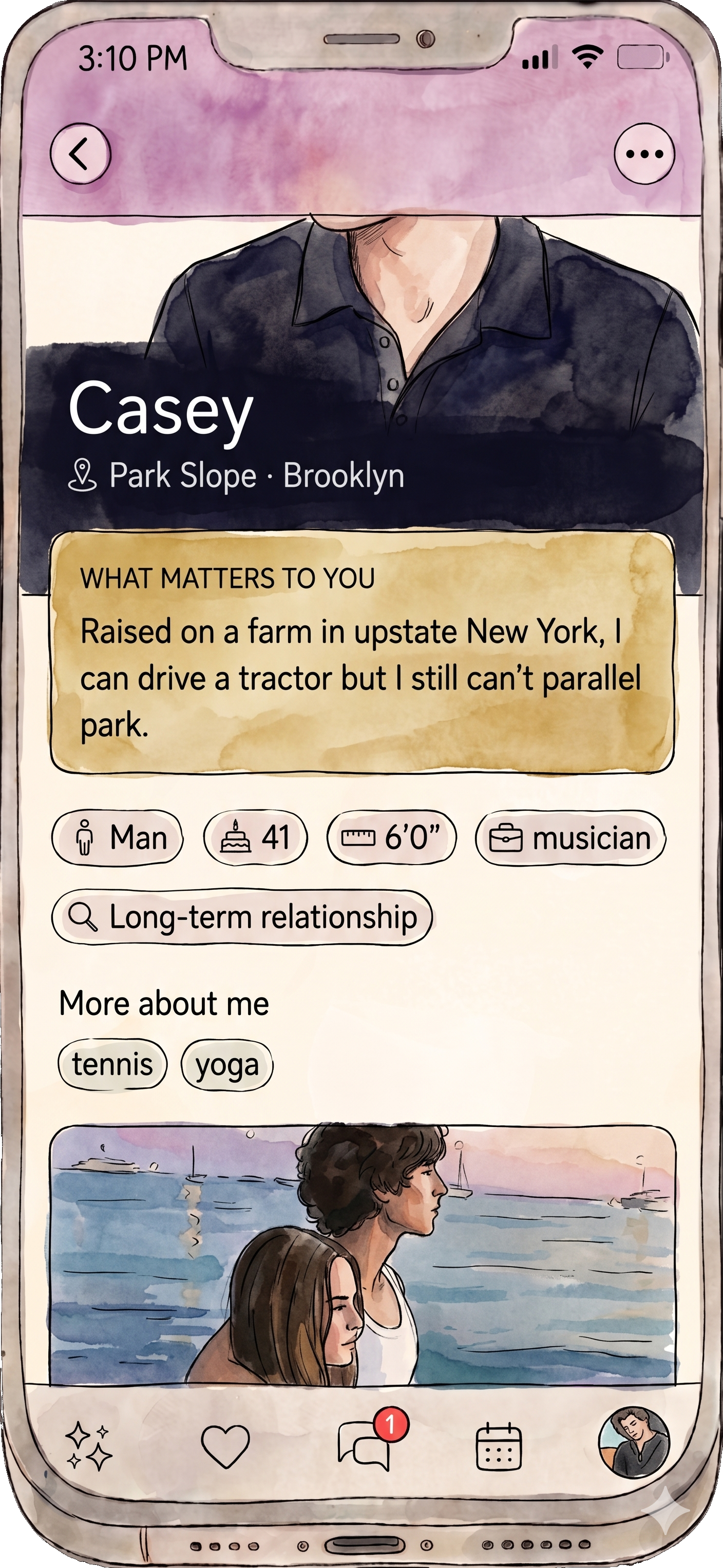 Smartphone showing Casey's matchmaking profile in Park Slope Brooklyn with details and description
