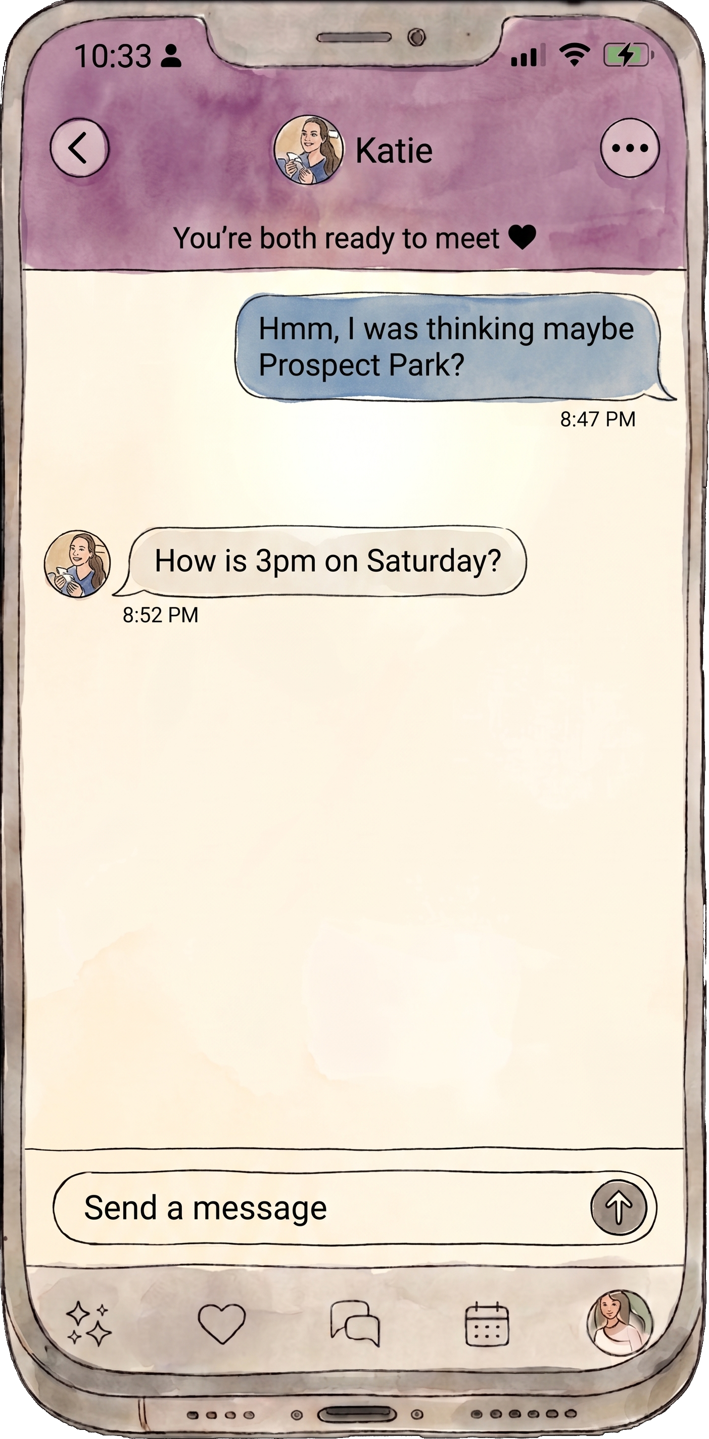 Smartphone screen displaying chat messages planning a date to Prospect Park