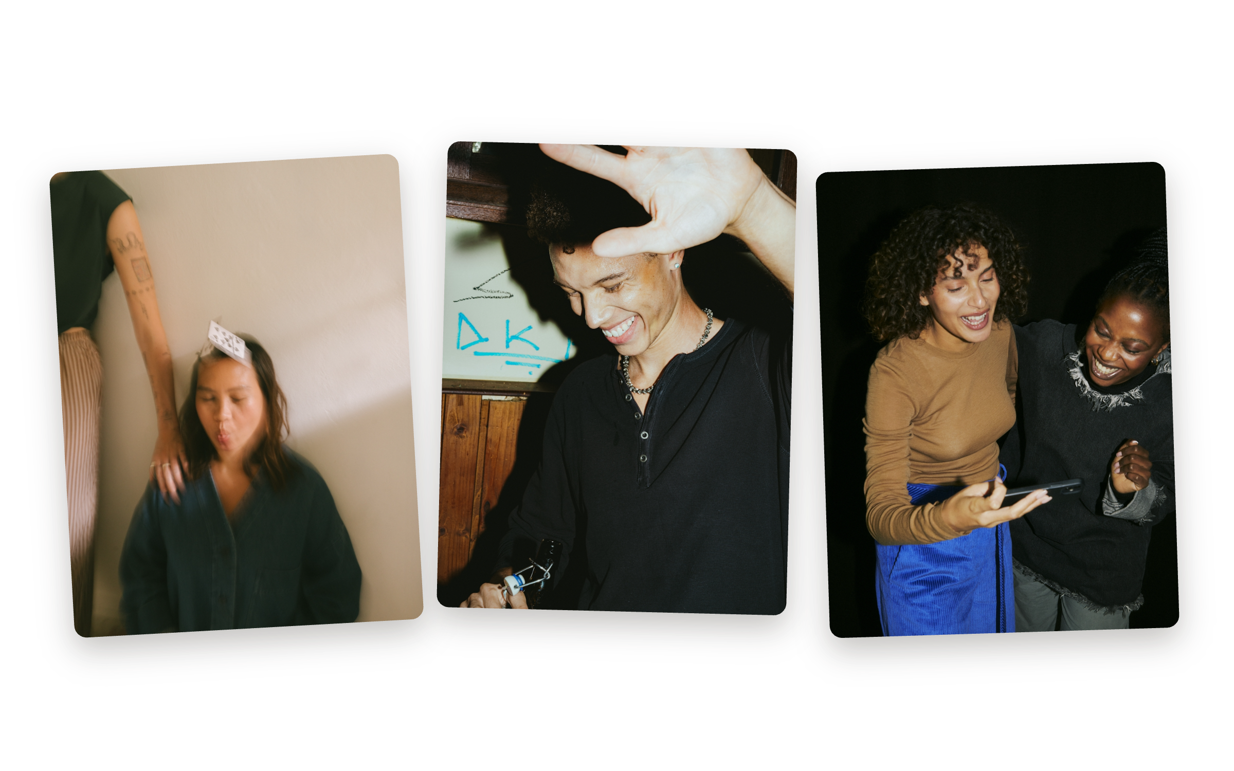 Three tilted photo frames showing friends enjoying and laughing together at social gatherings